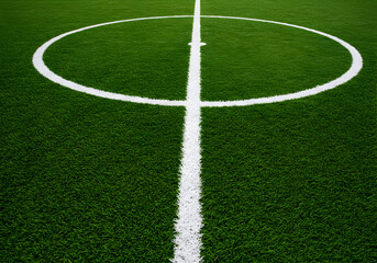 Obraz premium Lush Green Artificial Turf Soccer Field with Center Circle Markings