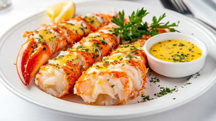 Steamed king crab legs with garlic butter dipping sauce.