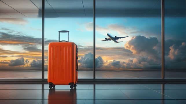 Orange suitcase stands by the window as an airplane takes off against a colorful sky at the airport