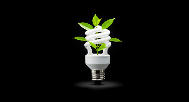 Energy Saving Light Bulb with Green Leaves against Black Background Represents Environmental Awareness - Powered by Adobe