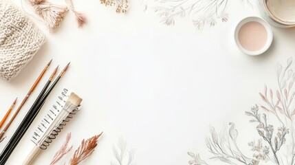 Neutral Colored Art Supplies Flatlay on White Background