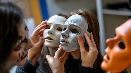 Friends helping each other try on Halloween masks to find the scariest look