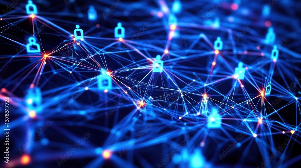 Poster global network connection, abstract visualization of interconnected people and data flow