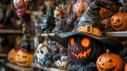 Close-up of a Halloween store display with costumes hats and spooky accessories