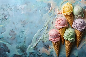 Melting colorful ice cream cones on textured blue background, summer dessert concept