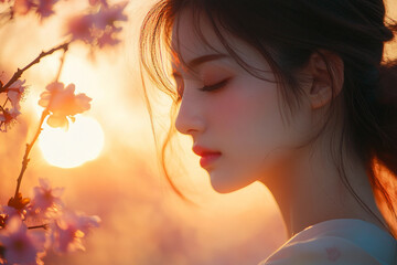 Fototapeta premium Silhouette of a person at sunset during spring in Japan, glowing orange sky and peaceful evening light, generative AI