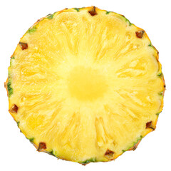Pineapple isolated png. Pineapple slice on transparent background. Cut pineapple no background top view. Round pineapple slice transparent png. Full depth of field.
