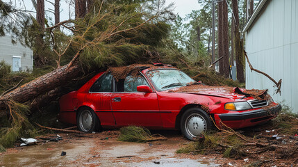 Red Car Wreckage Under Pine Tree After Hurricane Winds Cause Extensive Damage
