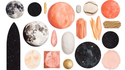 Celestial Collage of Planets, Textures, and Shapes, cut out transparent