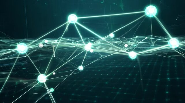 Futuristic digital network with glowing nodes and connecting lines on dark grid background in cyberspace