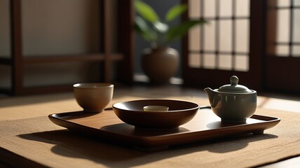 Arranging Tea Ceremony with Teapot Bowl and Cup on Wooden Tray