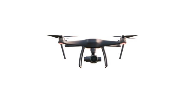 Drone with camera on black background for commercial use, cut out transparent