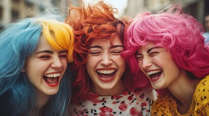 Naklejka premium Friends trying on Halloween wigs and laughing at their colorful transformations