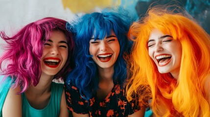 Naklejka premium Friends trying on Halloween wigs and laughing at their colorful transformations