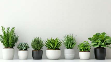 Collection of potted plants against a white wall