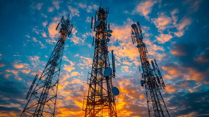 Obraz premium Advanced Telecommunication Towers with 5G Technology Against Cloudy Sky at Sunset