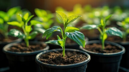 Young Green Seedlings Growing in Pots, Sunlight on Plants