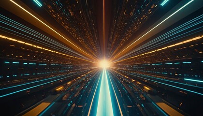 Fototapeta premium Digital Highway: An eye-level perspective plunges the viewer into a digital realm, with lines of light converging toward a bright, glowing center, embodying speed, technology, and futuristic design.