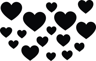 Monochrome Black Heart Silhouettes Grouped on White Background Elements