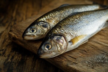 Fototapeta premium Two fresh silver fish rest on a weathered wooden board