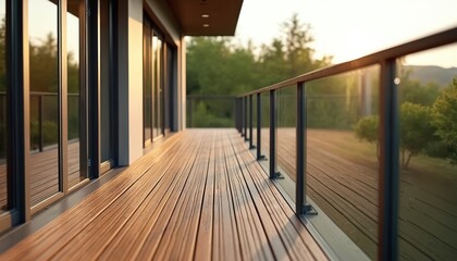 Obraz premium Modern apartment balcony view wooden deck grooved decking. Glass railing, sliding doors. Contemporary architecture design. Residential housing concept, urban living. Scenic view of nature at sunset.