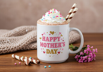 A delightful Mother’s Day setup featuring a hot cocoa-filled mug with playful pink and gold ‘Happy Mother’s Day’ text, topped with whipped cream, resting on a rustic wooden table with a bouquet 