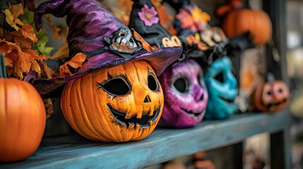 Close-up of a Halloween costume rack with masks hats and accessories for all ages
