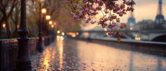 Cherry blossoms hang over a serene riverside path, softly lit by street lamps, with the Eiffel Tower gracefully framed in the evening light.
