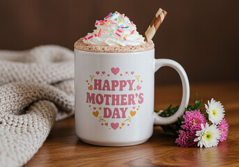 A beautifully styled Mother’s Day scene with a steaming mug of hot cocoa, topped with whipped cream and sprinkles, elegantly placed on a wooden table, with ‘Happy Mother’s Day’ in pink and gold font