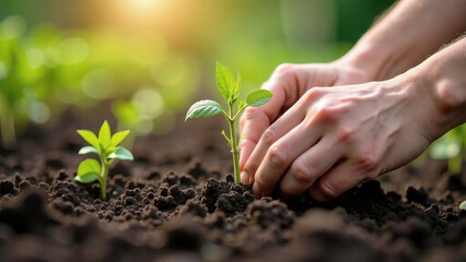 Hands are planting a plant 