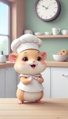 Cute Hamster Chef Smiling in Kitchen Cartoon Illustration for Children