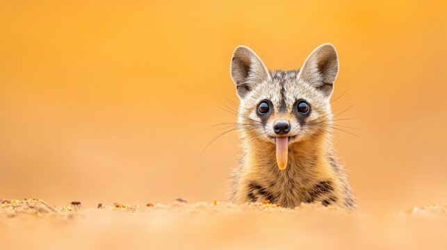 Playful African Civet, Cute African civet with tongue out in the sand.