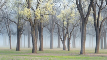 Naklejka premium A misty forest scene featuring numerous trees with emerging foliage