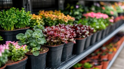 Vibrant Assortment of Potted Plants on Garden Center Shelves