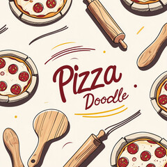 A vibrant, modern, and minimalistic pizza-themed doodle collection featuring a set of playful, hand-drawn illustrations of pizza boxes with subtle creases and folds, rolling pins with intricate wooden