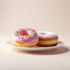 Fototapeta premium Two delicious donuts on a plate: one with pink icing and sprinkles, the other dusted with powdered sugar.