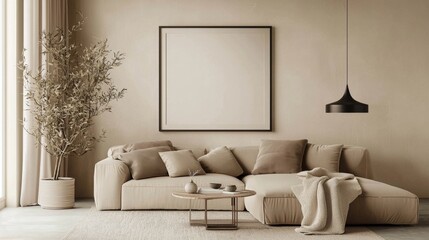 A cozy living room featuring a beige sofa.