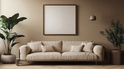 A cozy living room featuring a beige sofa.