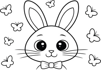 Cute Bunny Outline with Bow Tie and Butterflies on a Transparent Background