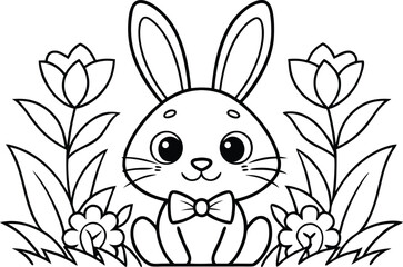 Charming Bunny with Bowtie Surrounded by Flowers Outline on Transparent Background