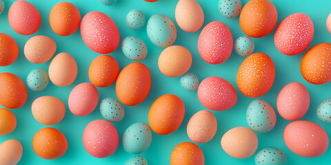 Pastel orange, peach, and teal speckled eggs on turquoise background, creating a festive Easter design, showcasing spring colors and celebration