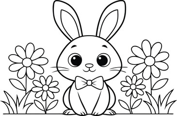 Cartoon Bunny with Bow Tie and Flowers Line Art on Transparent Background Cute Design
