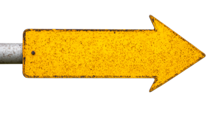 Yellow arrow direction sign with rust on black background, cut out transparent