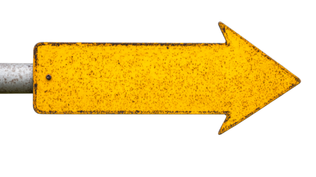 Yellow arrow direction sign with rust on black background, cut out transparent - Powered by Adobe