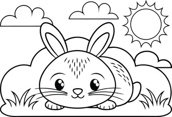 Cute Outline Cartoon Bunny with Clouds, Sun, and Grass in a Simple Style Design