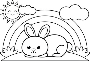 Cartoon Outline Rabbit with Rainbow, Sun, and Clouds on a White Background