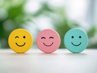 Various smiley face tokens arranged on a table