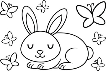 Cute Outline Bunny Surrounded by Butterflies on Transparent BG