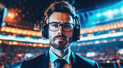Event manager in a busy arena during a live sports match