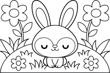 Cute Bunny in Garden, Black Line Illustration, Flowers, Transparent Background